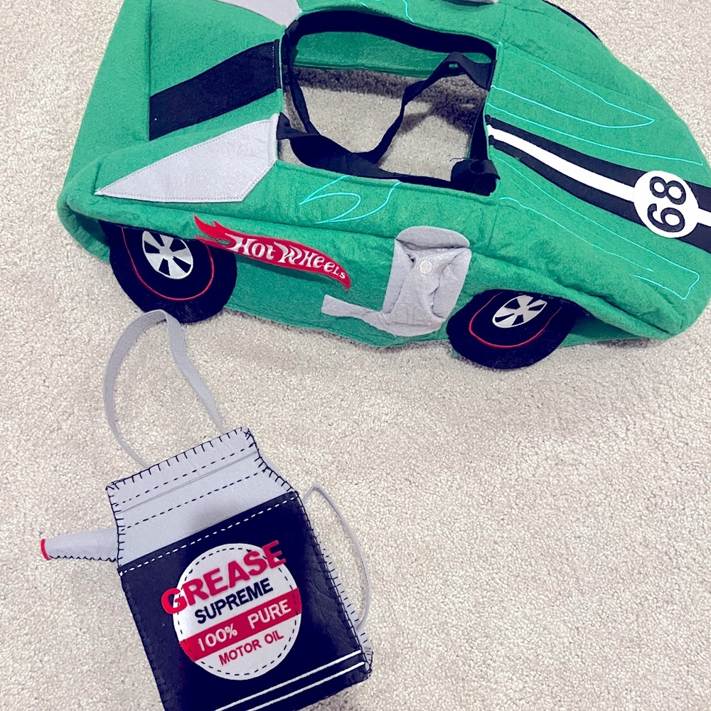 Halloween costume hot wheels car and oil treat basket
